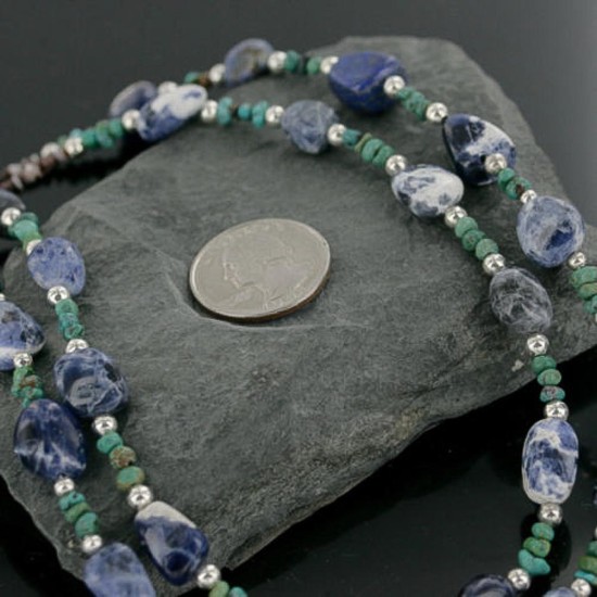 Certified Authentic 2 Strand Navajo .925 Sterling Silver Turquoise and Lapis Native American Necklace 390714194377