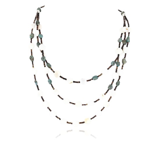 Certified Authentic 3 Strand Navajo .925 Sterling Silver Turquoise and Mother of Pearl Native American Necklace 15850-18