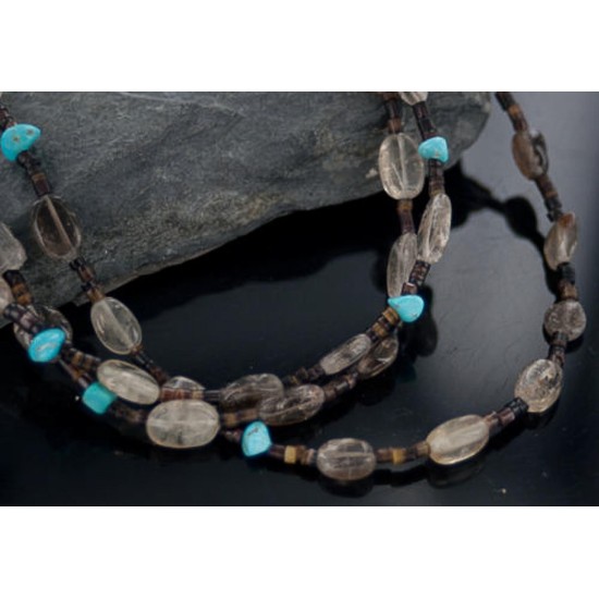 Certified Authentic 3 Strand Navajo .925 Sterling Silver Turquoise and Smoky Quartz Native American Necklace 370887248205