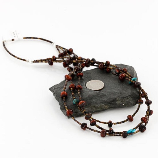 Certified Authentic 3 Strand Navajo .925 Sterling Silver Turquoise and Tigers Eye Native American Necklace 15401-15