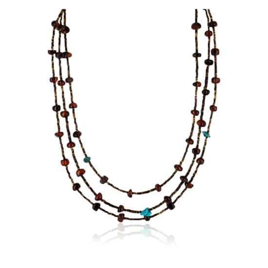 Certified Authentic 3 Strand Navajo .925 Sterling Silver Turquoise and Tigers Eye Native American Necklace 15401-15