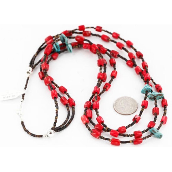 Certified Authentic 3 Strand Navajo .925 Sterling Silver Turquoise Coral 1252 Native American Necklace 390809669115