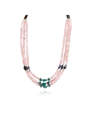 Certified Authentic 3 Strand Navajo .925 Sterling Silver Turquoise Pink Quartz and Amethyst Native American Necklace 750168