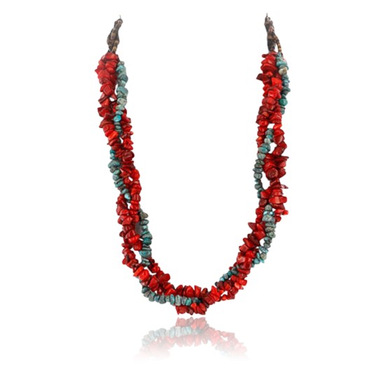 Certified Authentic 3 Strand Twisted Navajo .925 Sterling Silver Turquoise and CORAL Native American Necklace 390835776735