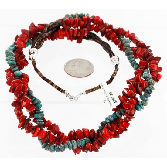 Certified Authentic 3 Strand Twisted Navajo .925 Sterling Silver Turquoise and CORAL Native American Necklace 390835776735