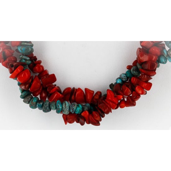 Certified Authentic 3 Strand Twisted Navajo .925 Sterling Silver Turquoise and CORAL Native American Necklace 390835776735