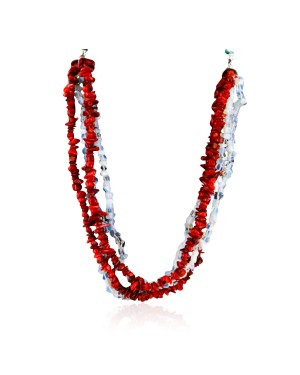 Certified Authentic 4 Strand Navajo .925 Sterling Silver Turquoise Coral and Opalite Native American Necklace 16003