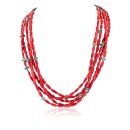 5 Strand Navajo .925 Sterling Silver Natural Turquoise and Coral Native American Necklace 25278