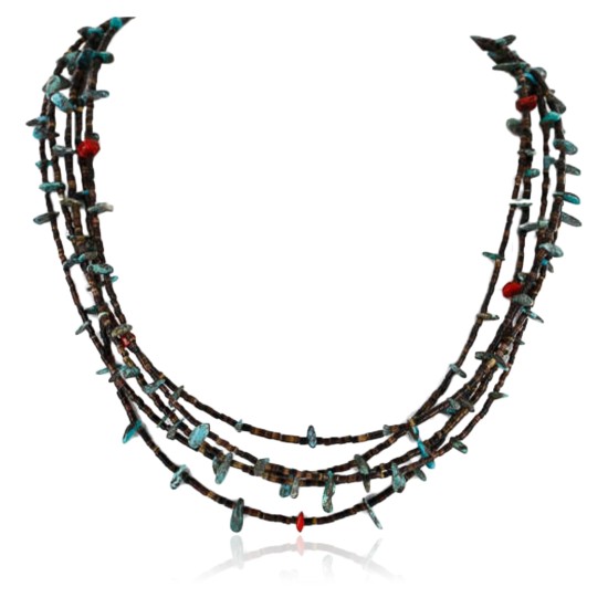 Certified Authentic 5 Strand Navajo .925 Sterling Silver Natural Turquoise and Coral Native American Necklace 371068408907