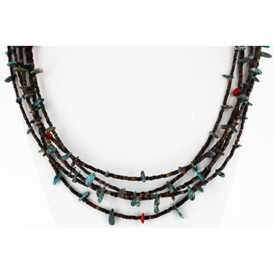 Certified Authentic 5 Strand Navajo .925 Sterling Silver Natural Turquoise and Coral Native American Necklace 371068408907