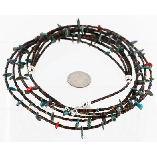 Certified Authentic 5 Strand Navajo .925 Sterling Silver Natural Turquoise and Coral Native American Necklace 371068408907