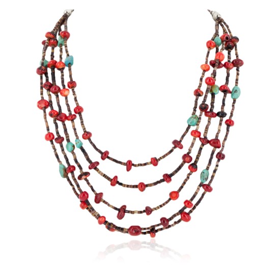 Certified Authentic 5 Strand Navajo .925 Sterling Silver Natural Turquoise Coral Native American Necklace 15775-1 Certified Authentic 5 Strand Navajo .925 Sterling Silver Natural Turquoise Coral Native American Necklace 15775-1