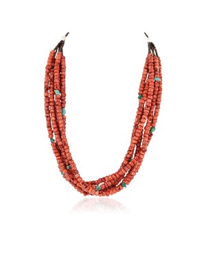 Certified Authentic 5 Strand Navajo .925 Sterling Silver Natural Turquoise Coral Native American Necklace 25279