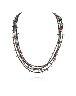 Certified Authentic 5 Strand Navajo .925 Sterling Silver Turquoise and Coral Native American Necklace 16082