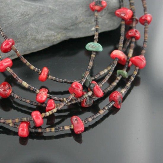 Certified Authentic 5 Strand Navajo .925 Sterling Silver Turquoise and Coral Native American Necklace 750107-7