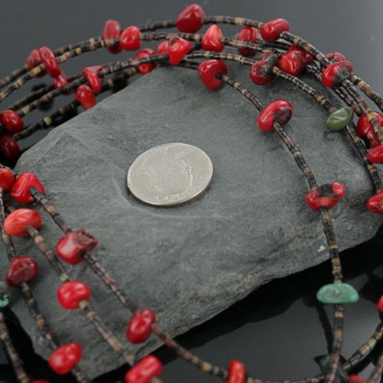 Certified Authentic 5 Strand Navajo .925 Sterling Silver Turquoise and Coral Native American Necklace 750107-7