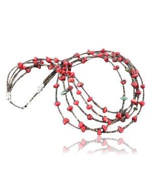 Certified Authentic 5 Strand Navajo .925 Sterling Silver Turquoise and Coral Native American Necklace 750107-7