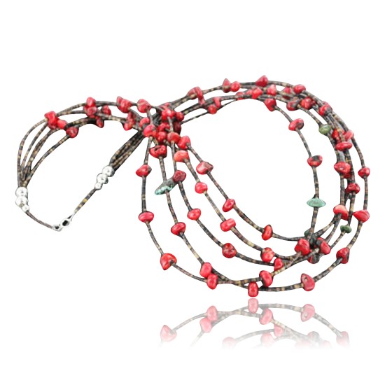 Certified Authentic 5 Strand Navajo .925 Sterling Silver Turquoise and Coral Native American Necklace 750107-7