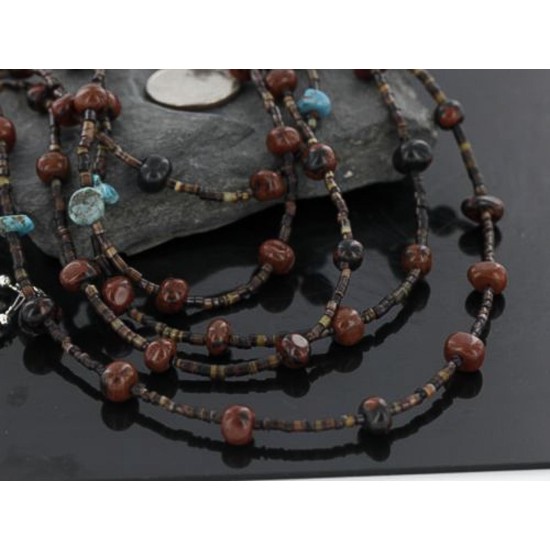 Certified Authentic 5 Strand Navajo .925 Sterling Silver Turquoise and Jasper Native American Necklace 15585-29