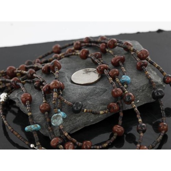 Certified Authentic 5 Strand Navajo .925 Sterling Silver Turquoise and Jasper Native American Necklace 15585-29