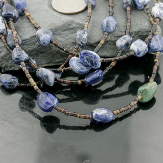 Certified Authentic 5 Strand Navajo .925 Sterling Silver Turquoise and Lapis Native American Necklace 15401-10