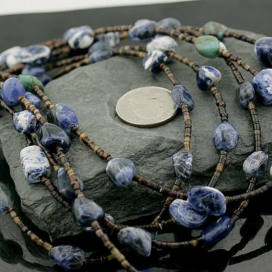 Certified Authentic 5 Strand Navajo .925 Sterling Silver Turquoise and Lapis Native American Necklace 15401-10