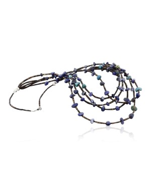 Certified Authentic 5 Strand Navajo .925 Sterling Silver Turquoise and Lapis Native American Necklace 15585-28