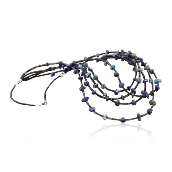 Certified Authentic 5 Strand Navajo .925 Sterling Silver Turquoise and Lapis Native American Necklace 15585-28