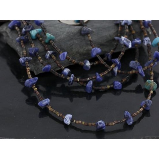 Certified Authentic 5 Strand Navajo .925 Sterling Silver Turquoise and Lapis Native American Necklace 15585-28