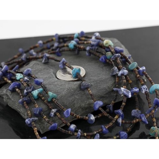 Certified Authentic 5 Strand Navajo .925 Sterling Silver Turquoise and Lapis Native American Necklace 15585-28