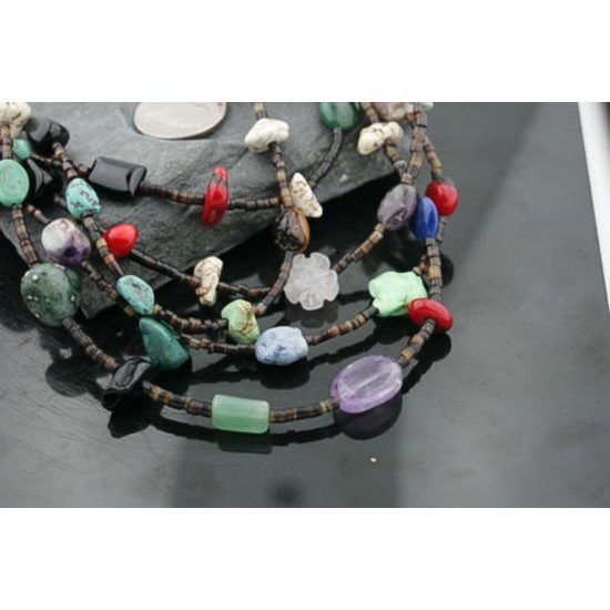Certified Authentic 5 Strand Navajo .925 Sterling Silver Turquoise and Multicolor Stones Native American Necklace 15585-27