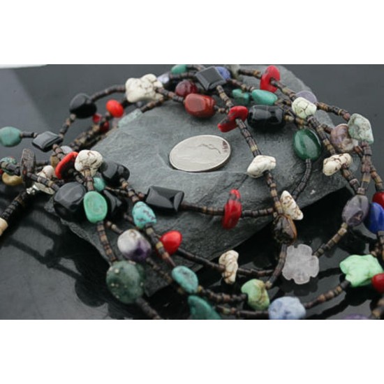 Certified Authentic 5 Strand Navajo .925 Sterling Silver Turquoise and Multicolor Stones Native American Necklace 15585-27