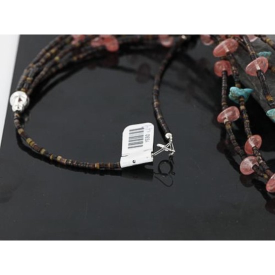 Certified Authentic 5 Strand Navajo .925 Sterling Silver Turquoise and Quartz Native American Necklace 1530-49
