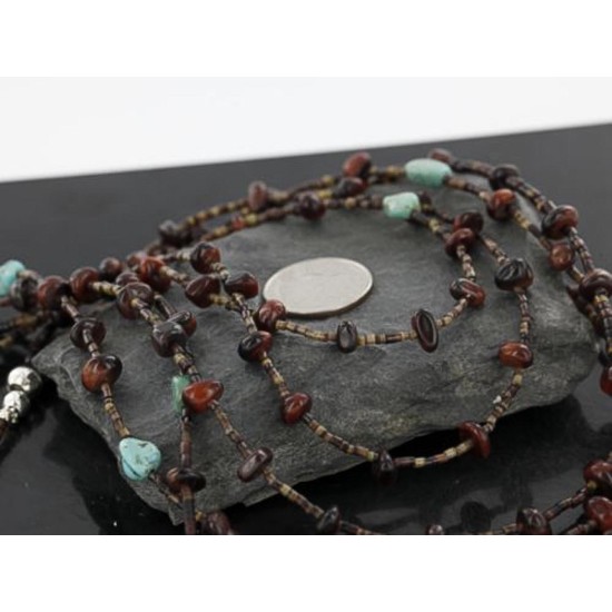 Certified Authentic 5 Strand Navajo .925 Sterling Silver Turquoise and Red Tigers Eye Native American Necklace 15585-20