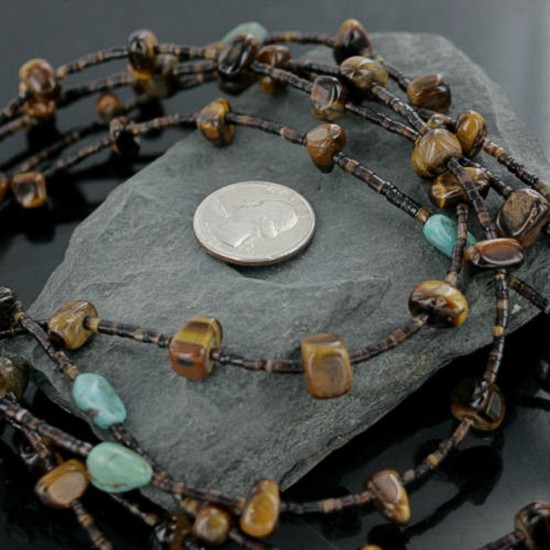 Certified Authentic 5 Strand Navajo .925 Sterling Silver Turquoise and Tigers Eye Native American Necklace 15621-23