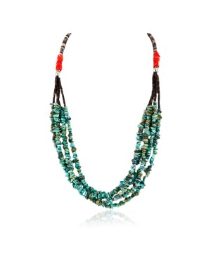 Certified Authentic 5 Strand Navajo .925 Sterling Silver Turquoise Coral and Graduated Melon Shell Native American Necklace 750141
