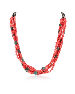 Certified Authentic 5 Strand Twisted Navajo .925 Sterling Silver Turquoise and Coral Native American Necklace 1594055