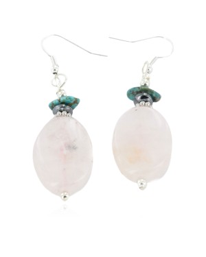 Certified Authentic .925 Stering Silver Hooks Navajo Natural Turquoise Pink Quartz Hematite Dangle Native American Earrings 18124