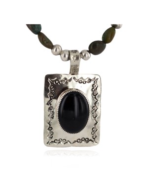 Certified Authentic .925 Sterling Silver and Nickel Handmade Navajo Natural Turquoise Black Onyx Native American Necklace  94006-2-95003-2