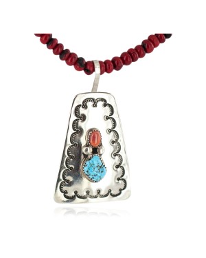 Certified Authentic .925 Sterling Silver and Nickel Handmade Navajo Natural Turquoise Coral Native American Necklace  94007-16039-1