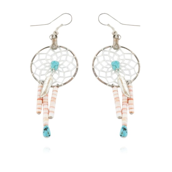Certified Authentic .925 Sterling Silver Dangle Natural Turquoise Heishi Dreamcatcher Native American Earrings 27207