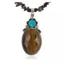 .925 Sterling Silver Handmade Natural Turquoise Tigers Eye Smokey Quartz Native American Necklace 12565-16028-17