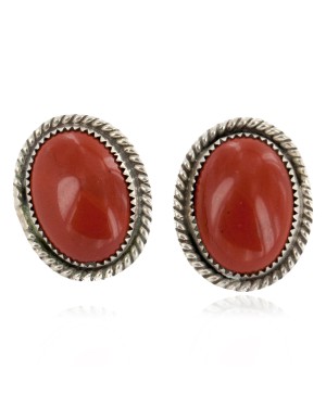 Certified Authentic .925 Sterling Silver Handmade Navajo Natural Red Jasper Stud Native American Earrings 12886-21