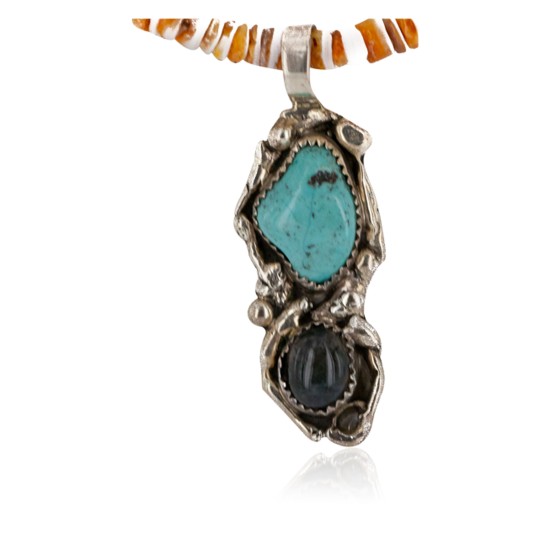Certified Authentic .925 Sterling Silver Handmade Navajo Natural Turquoise Agate Spiny Oyster Native American Necklace 15939-4-25277