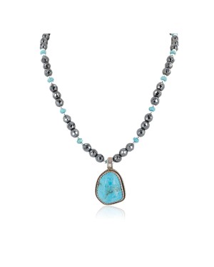 Certified Authentic .925 Sterling Silver Handmade Navajo Natural Turquoise Hematite Native American Necklace 15029-15916
