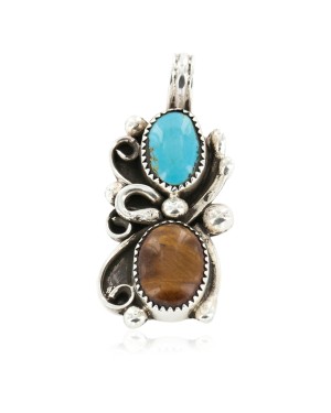 Certified Authentic .925 Sterling Silver Handmade Navajo Natural Turquoise Tigers Eye Native American Pendant 13062