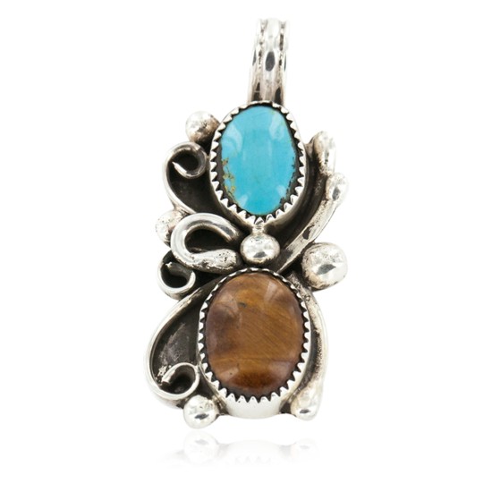 Certified Authentic .925 Sterling Silver Handmade Navajo Natural Turquoise Tigers Eye Native American Pendant 13062