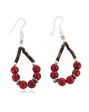 Certified Authentic .925 Sterling Silver Hooks Coral Heishi Hoop Native American Dangle Earrings 18263-38