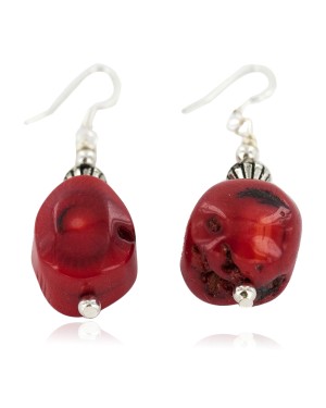 Certified Authentic .925 Sterling Silver Hooks Coral Native American Dangle Earrings 18214-2