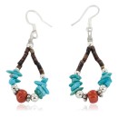 .925 Sterling Silver Hooks Coral Natural Turquoise Heishi Hoop Native American Dangle Earrings 18263-20